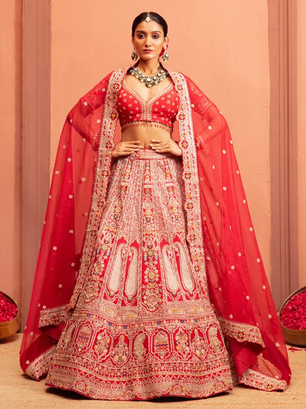 Red bridal lehenga choli with embellished blouse