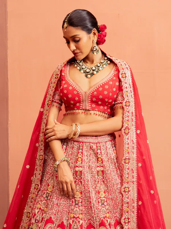 Red bridal lehenga choli with embellished blouse