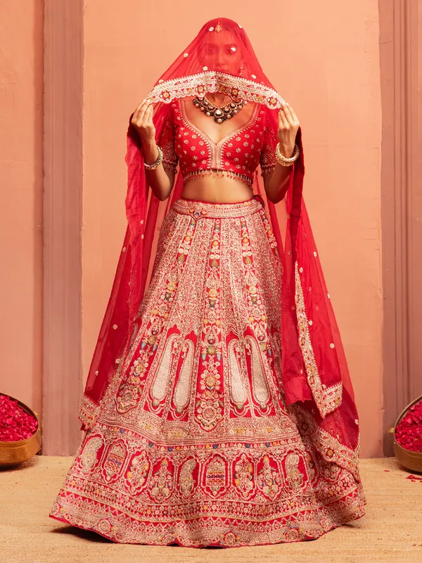 Red bridal lehenga choli with embellished blouse