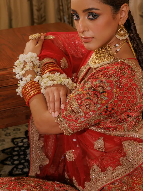 Red bridal silk lehenga choli with thread work