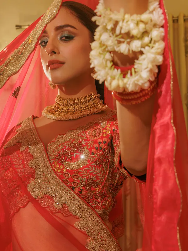 Red bridal silk lehenga choli with thread work