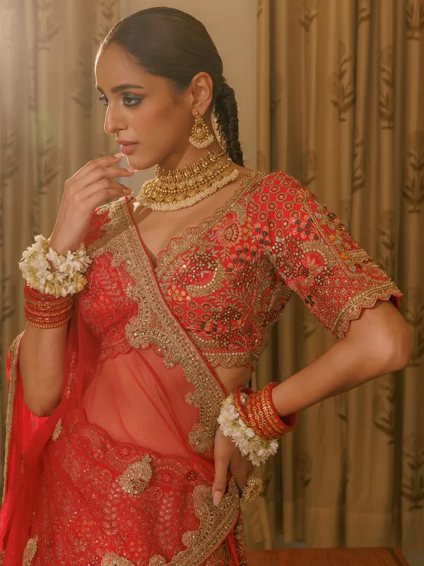 Red bridal silk lehenga choli with thread work
