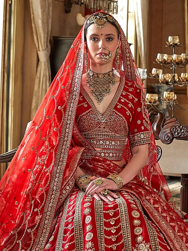 Red bridal silk lehenga choli with two dupatta