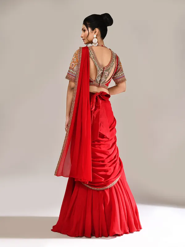 Red chiffon designer embellished lehenga choli