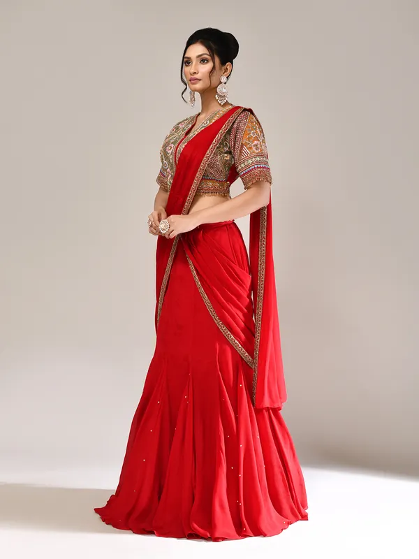 Red chiffon designer embellished lehenga choli