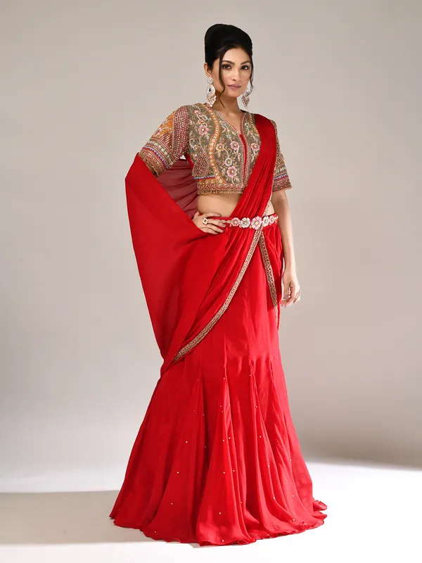 Red chiffon designer embellished lehenga choli