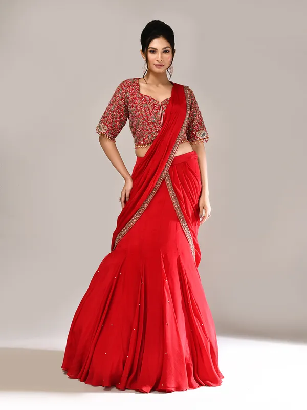 Red chiffon designer sweetheart neck lehenga choli