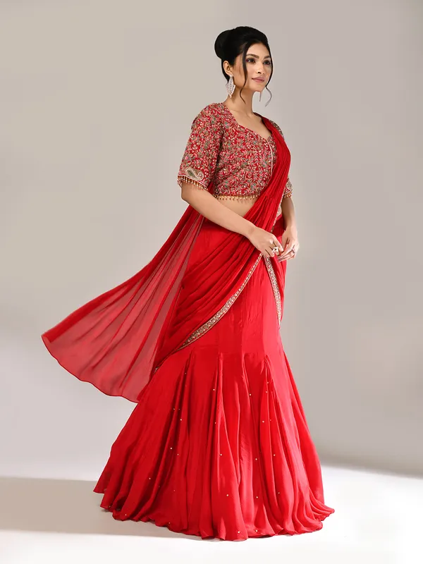 Red chiffon designer sweetheart neck lehenga choli