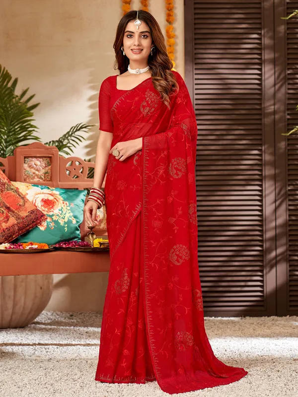 Red chiffon embroidery saree