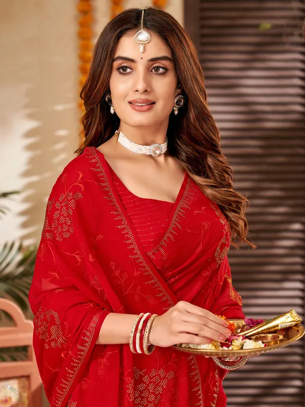 Red chiffon embroidery saree