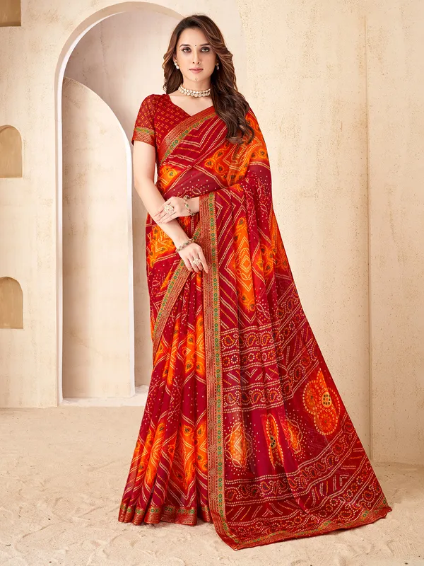 Red chiffon festive wear saree