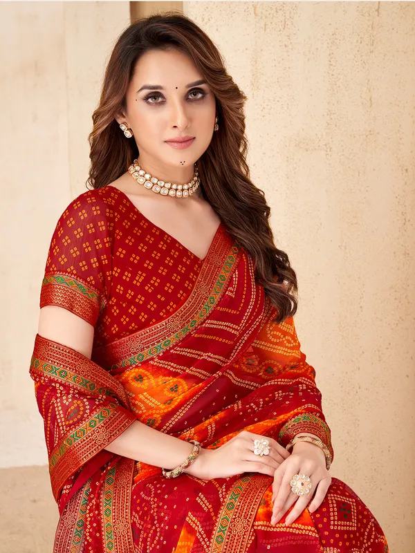 Red chiffon festive wear saree