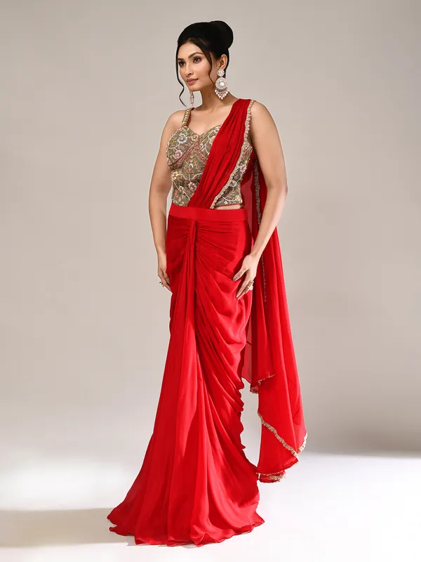 Red chiffon heavy work indo western suit