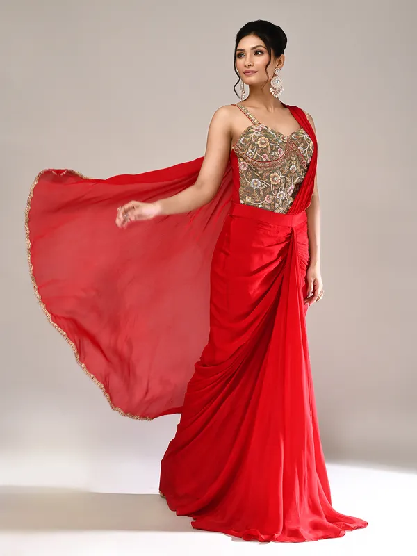 Red chiffon heavy work indo western suit