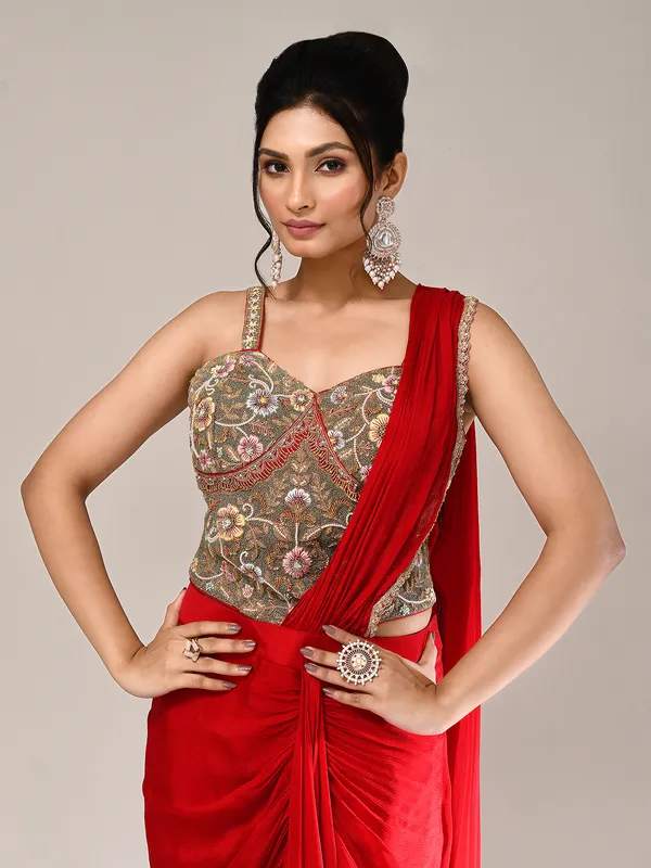 Red chiffon heavy work indo western suit