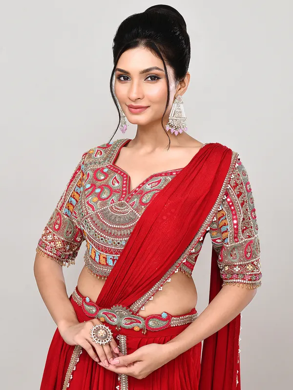 Red chiffon mirror work lehenga choli with attached dupatta