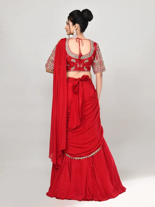 Red chiffon mirror work lehenga choli with attached dupatta