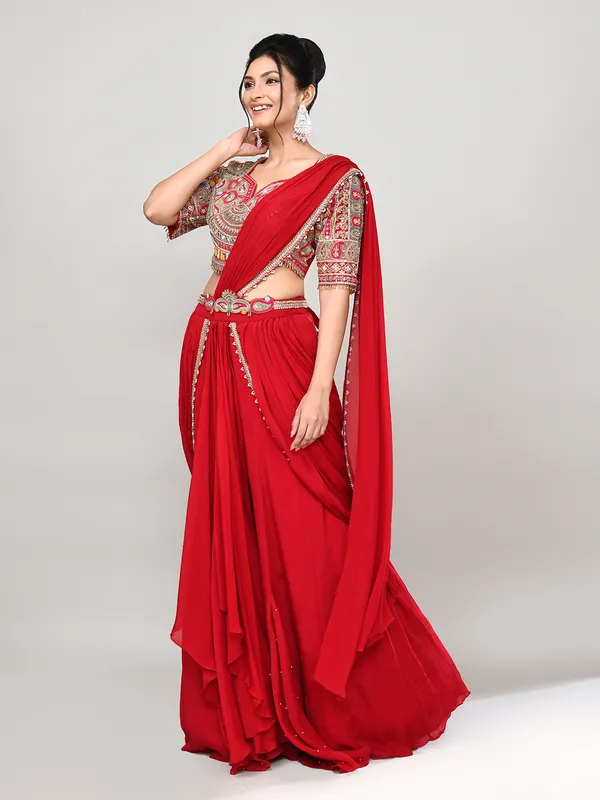 Red chiffon mirror work lehenga choli with attached dupatta
