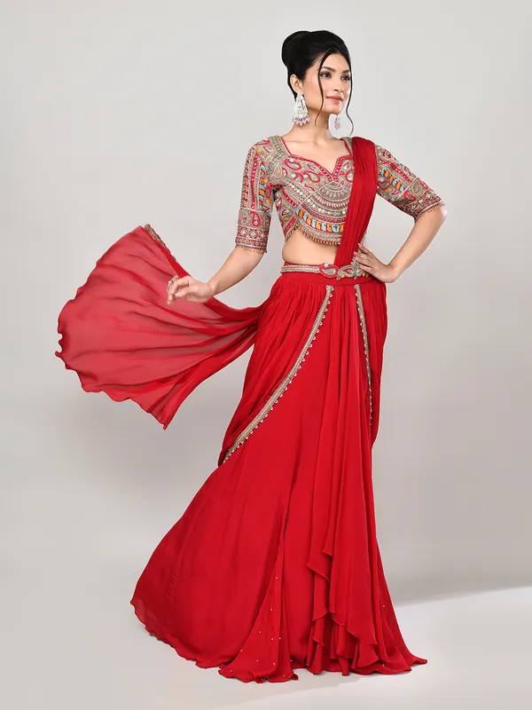 Red chiffon mirror work lehenga choli with attached dupatta