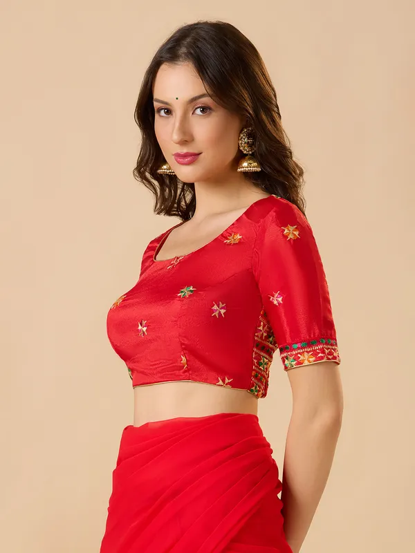 Red chinon embroidered ready made blouse with round neck