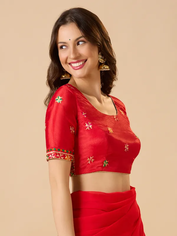 Red chinon embroidered ready made blouse with round neck