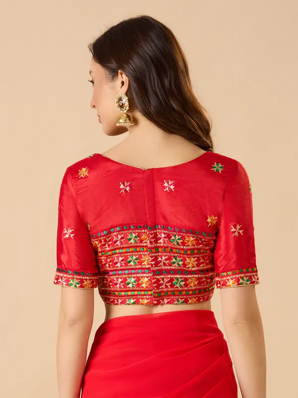 Red chinon embroidered ready made blouse with round neck