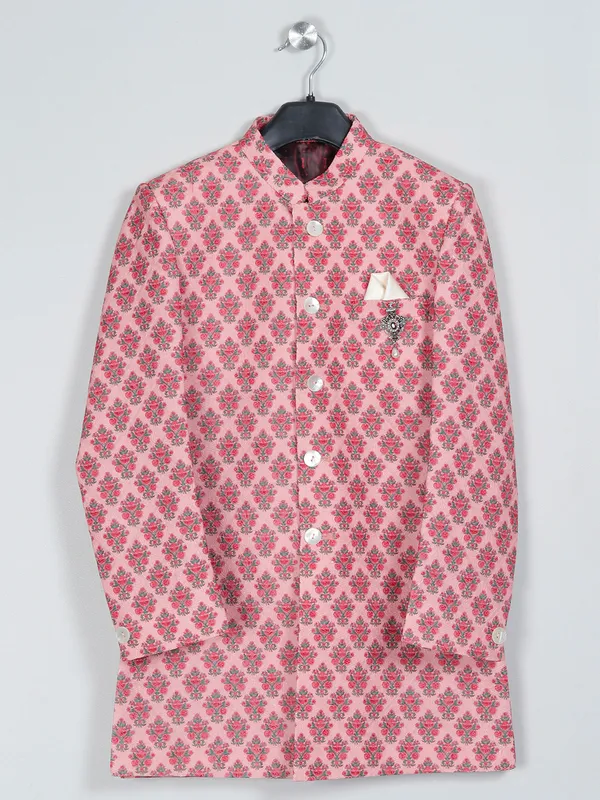 Red classy printed indowestern sherwani for boys