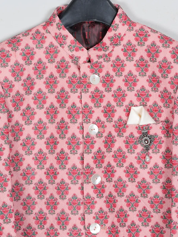 Red classy printed indowestern sherwani for boys