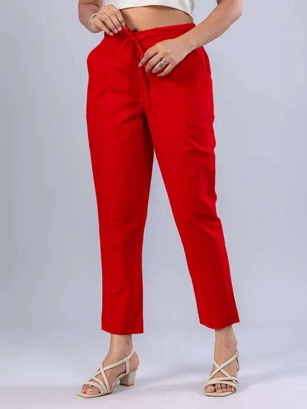 Red cotton casual pant for women