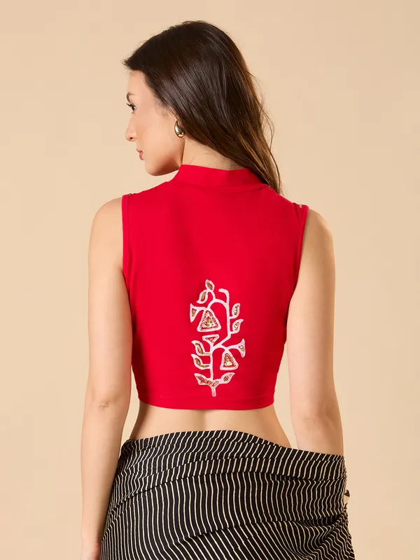 Red cotton lycra sleeveless ready made blouse
