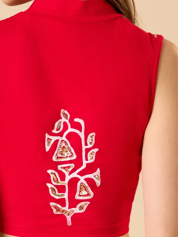 Red cotton lycra sleeveless ready made blouse