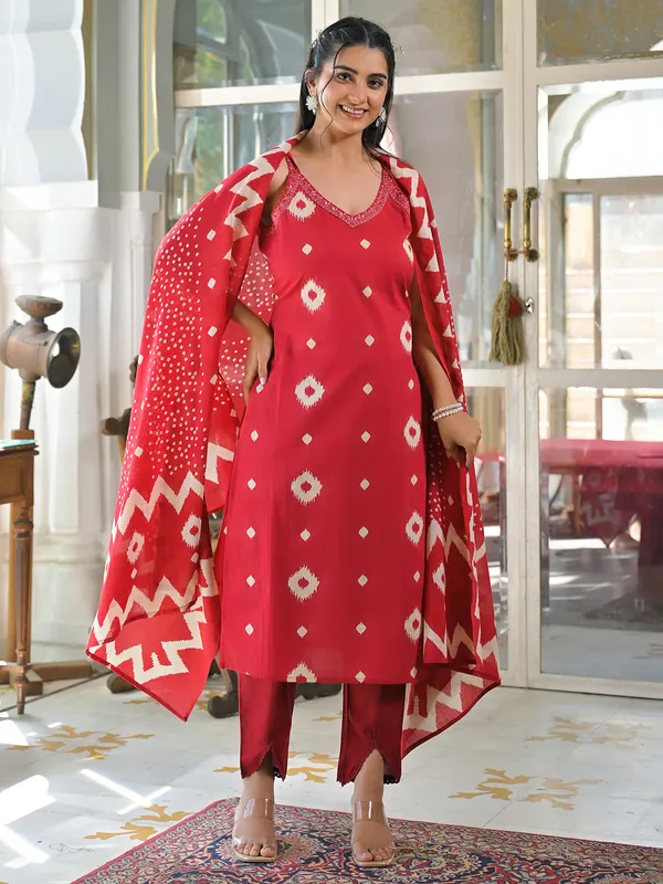 Red cotton sil kurti set