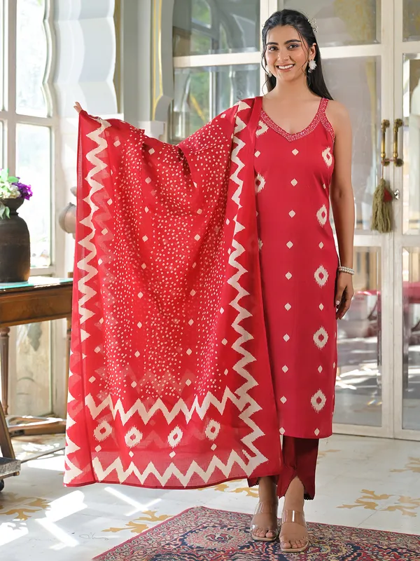 Red cotton sil kurti set