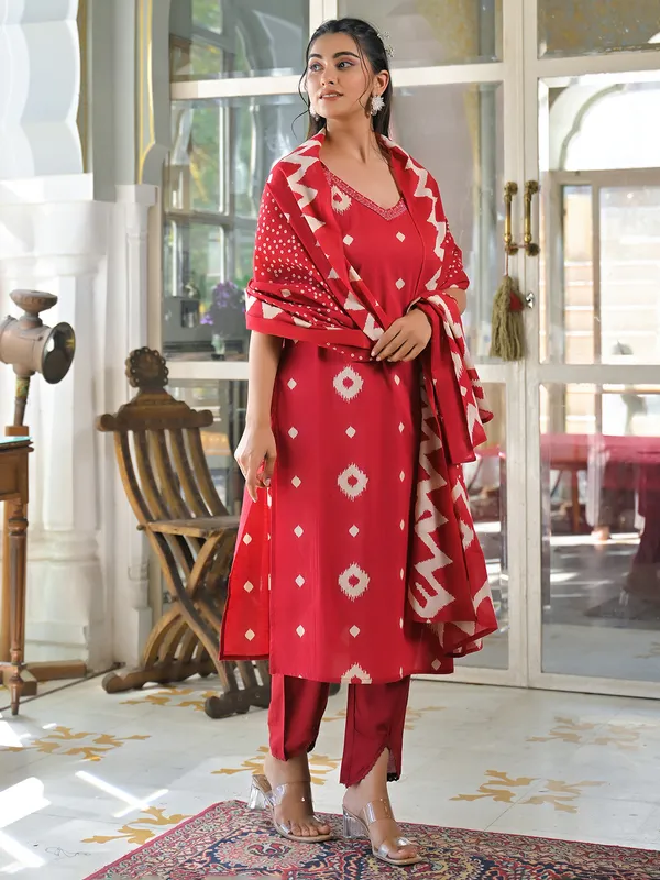 Red cotton sil kurti set
