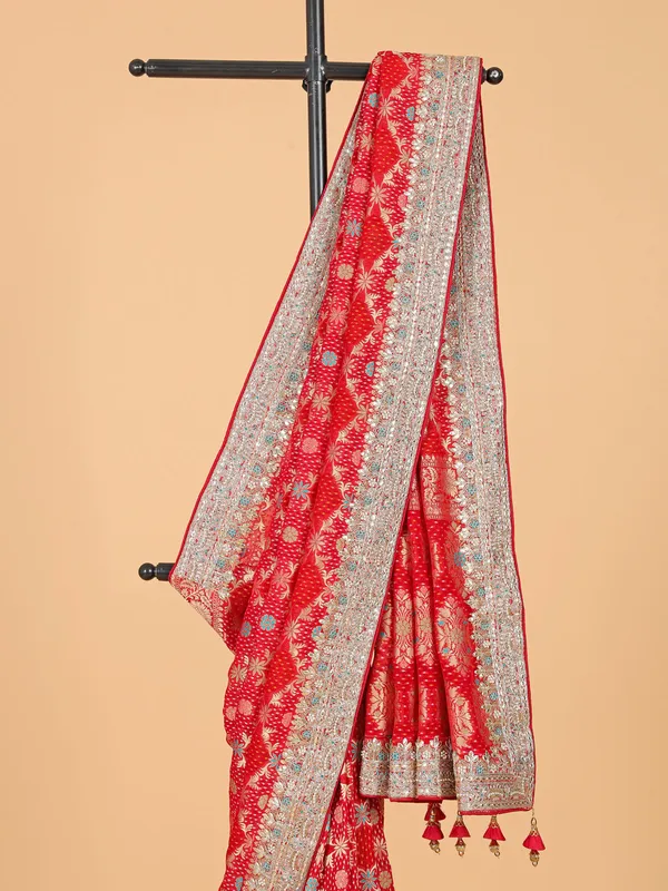 Red cotton silk bandhani print saree