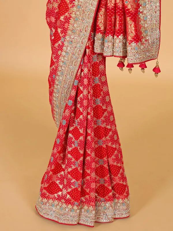 Red cotton silk bandhani print saree