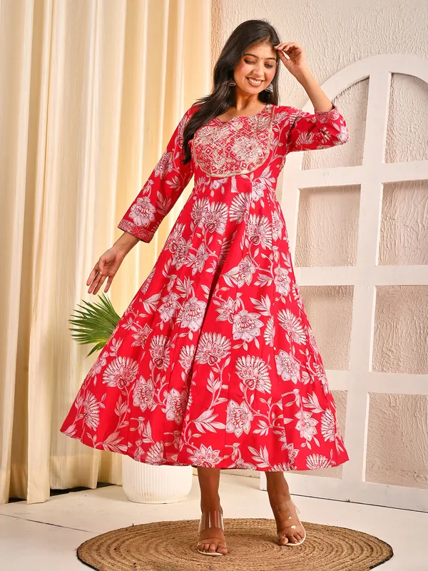 Red cotton silk floral yoke embroidered kurti