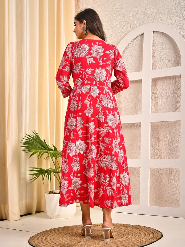 Red cotton silk floral yoke embroidered kurti