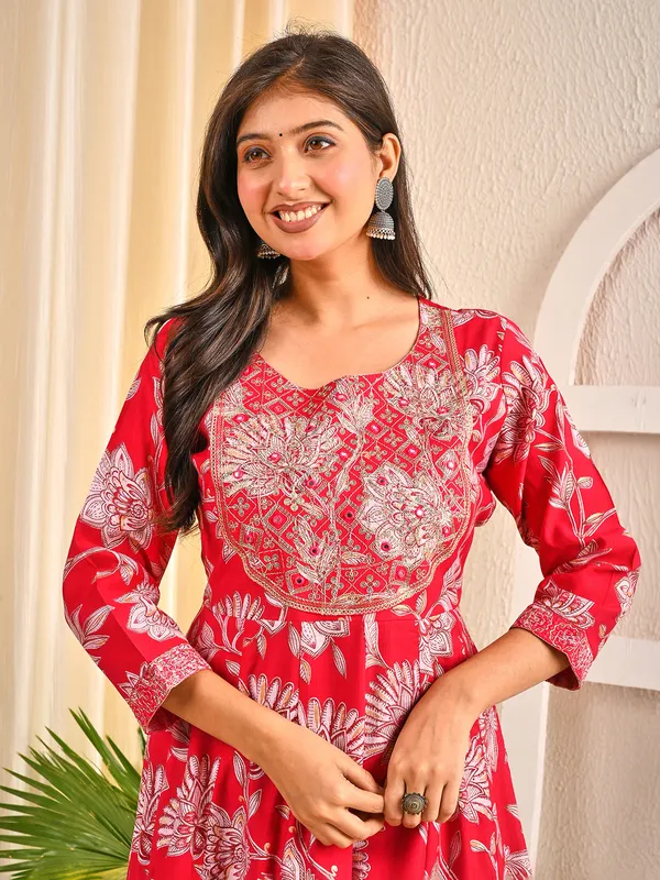 Red cotton silk floral yoke embroidered kurti