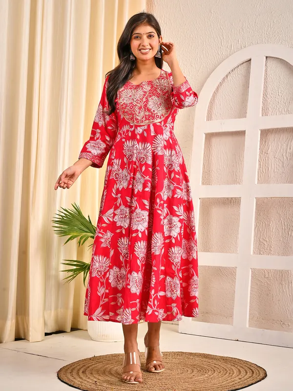 Red cotton silk floral yoke embroidered kurti