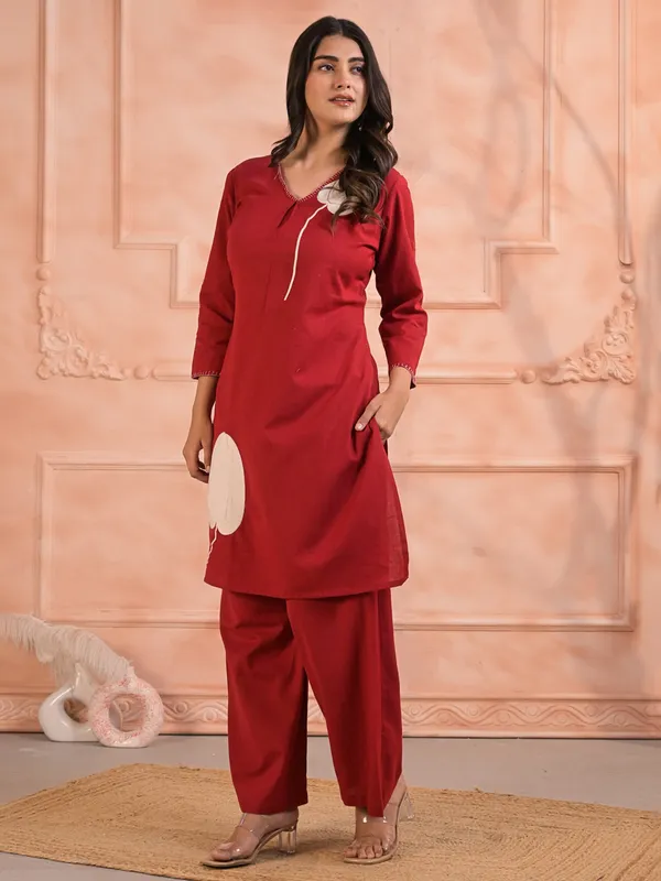 Red cotton silk kurti palazzo set