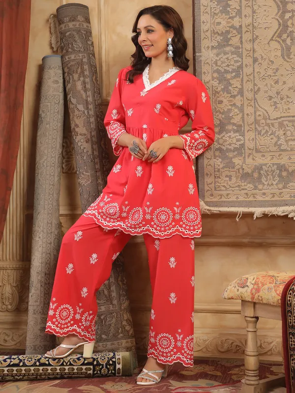 Red cotton silk kurti set with embroidery