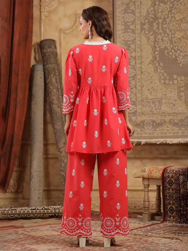 Red cotton silk kurti set with embroidery