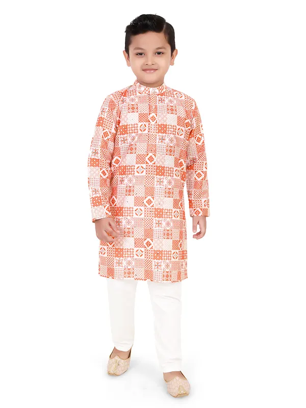 Red cotton silk printed festive kurta suit