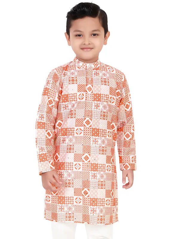 Red cotton silk printed festive kurta suit