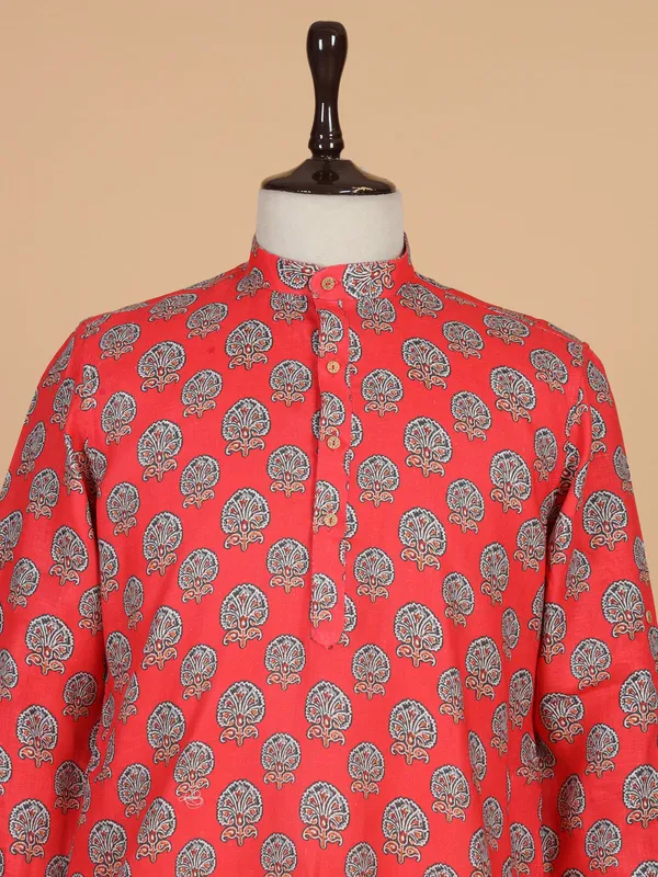 Red cotton silk printed kurta suit for men