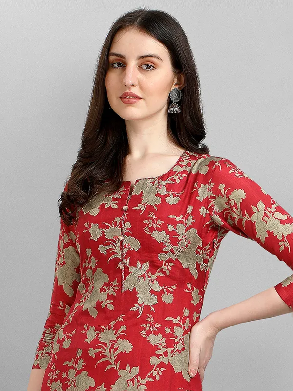 Red cotton silk printed kurti set for casual