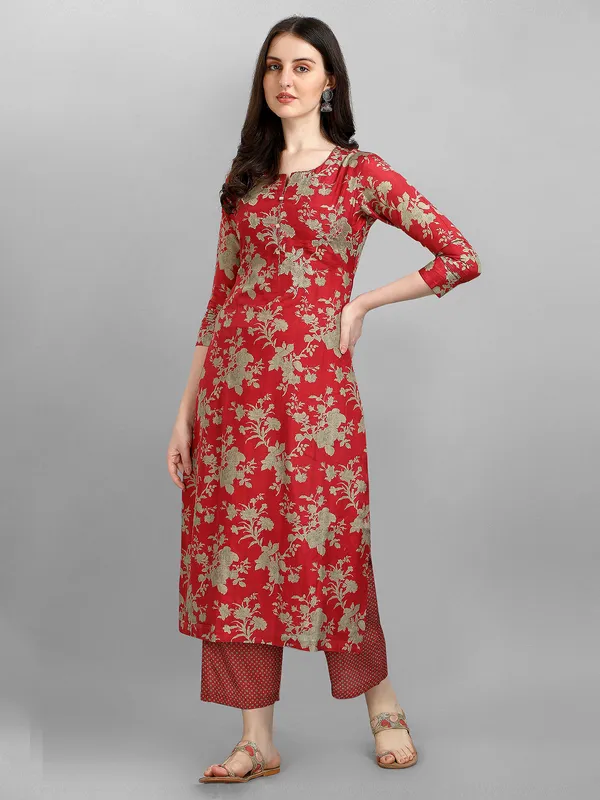 Red cotton silk printed kurti set for casual