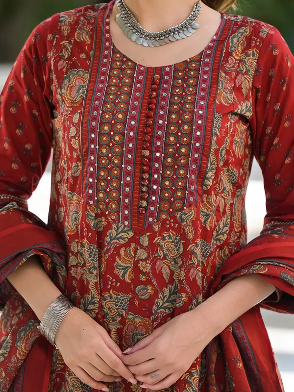 Red cotton silk printed kurti set for women