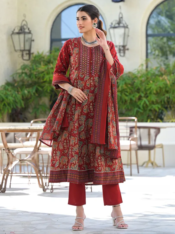 Red cotton silk printed kurti set for women